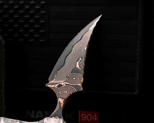 K9 Push Blade- Baker Forge Raindrop CopperMai NiShim- Silver Carbon, Mosaic Pins, Textured Grip