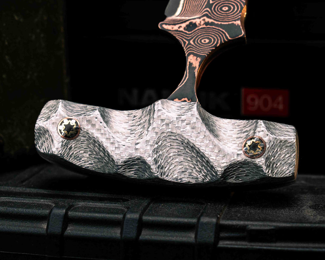 K9 Push Blade- Baker Forge Raindrop CopperMai NiShim- Silver Carbon, Mosaic Pins, Textured Grip