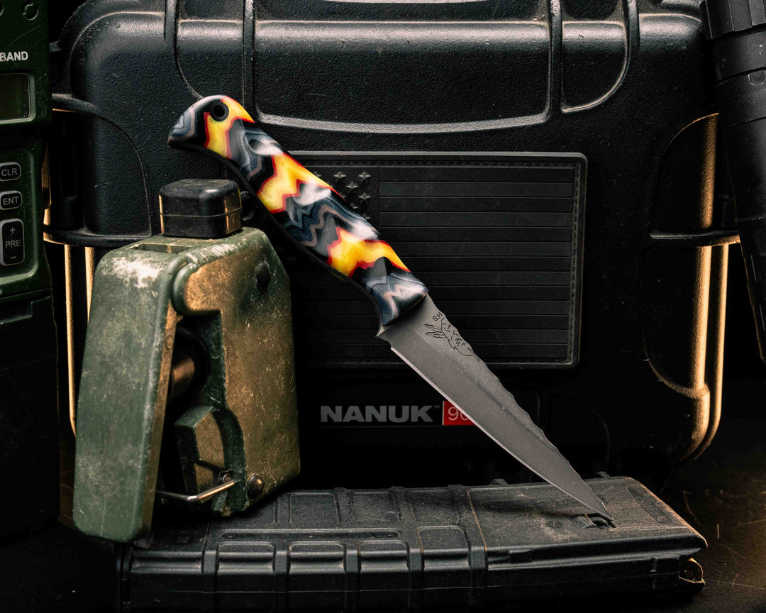 Congressman- Black, Grey, Red, Orange and Yellow Patterned Micarta, CF Pins, CF Lanyard Pin, Textured Grip