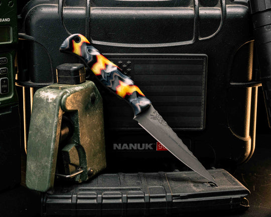 Congressman- Black, Grey, Red, Orange and Yellow Patterned Micarta, CF Pins, CF Lanyard Pin, Textured Grip