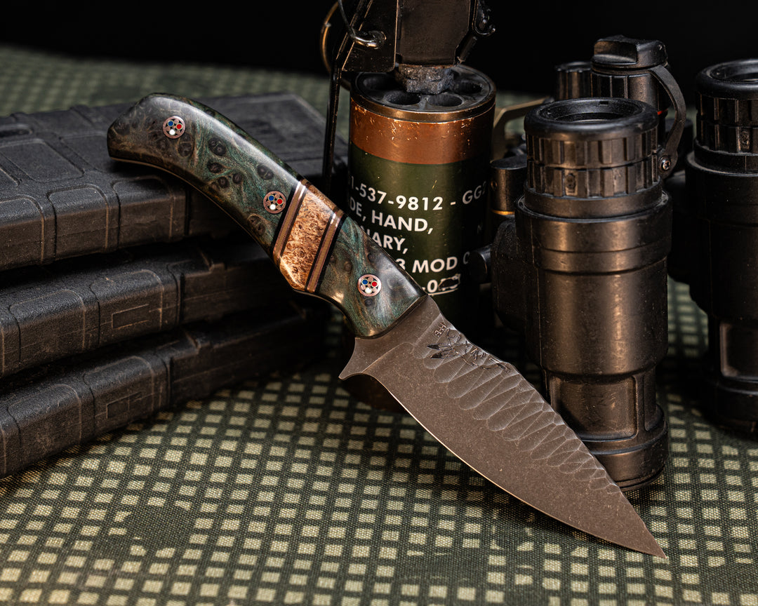 Ishi- Dyed Redwood, Black G10, Copper and OD Green G10 Pin Striping, Black Ash Burl Split, Patriot Mosaic Pins, Contoured Grip