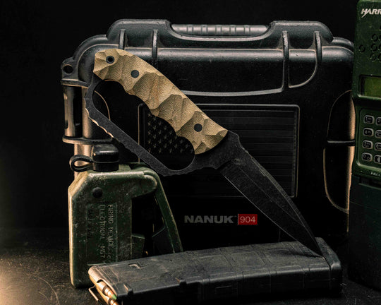 Trench Knife- OD Green Canvas Micarta, CF Pins, CF Lanyard Pin, Textured Grip