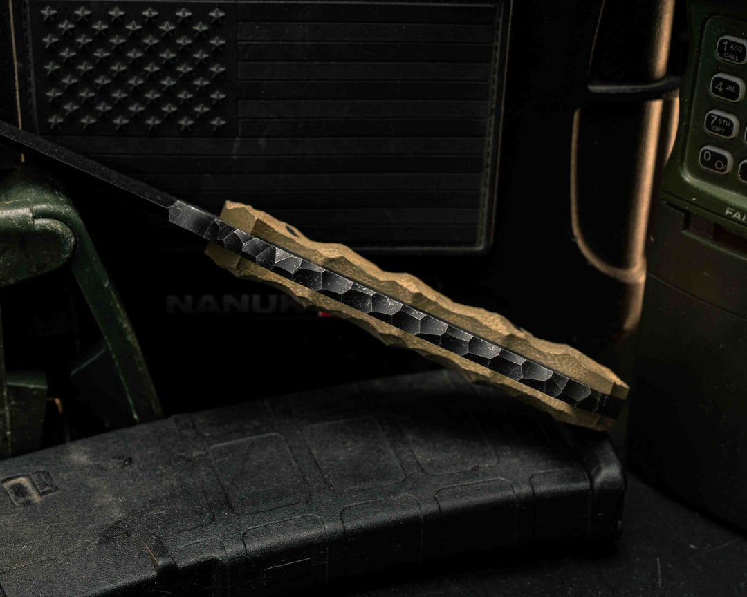 Trench Knife- OD Green Canvas Micarta, CF Pins, CF Lanyard Pin, Textured Grip
