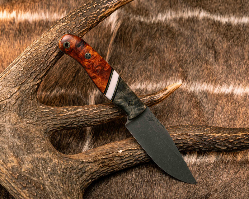 Crow Scalper- Buckeye Burl, Black G10 and Brass Pin Striping, White Recon Stone Split, Amboyna Burl, Mosaic Pins, Brass Lanyard Pin, Smooth Grip