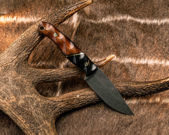 Crow Jr- Black Burlap Micarta, Black G10 and Brass Split, Desert Ironwood, Mosaic Pins, Brass Lanyard Pin, Textured Grip