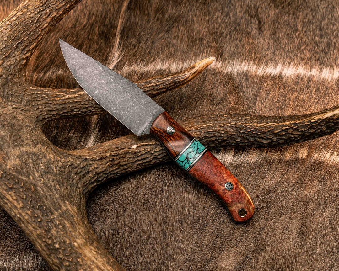 Crow Scalper- Desert Ironwood, Black G10, White G10 and Aluminum Pin Striping, Green Dragon Skin Tru-stone Split, Box Elder, Mosaic Pins, Brass Lanyard Pin, Textured Grip