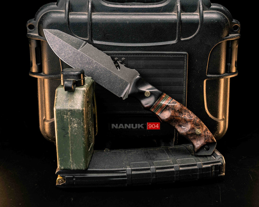 Notched Wire Cutter Breacher Gen 3- Desert Ironwood, Black G10, Brass and Forest Green G10 Pin Striping, Dyed Maple Split, Chechen Caribbean Rosewood, Mosaic Pins, Textured Grip