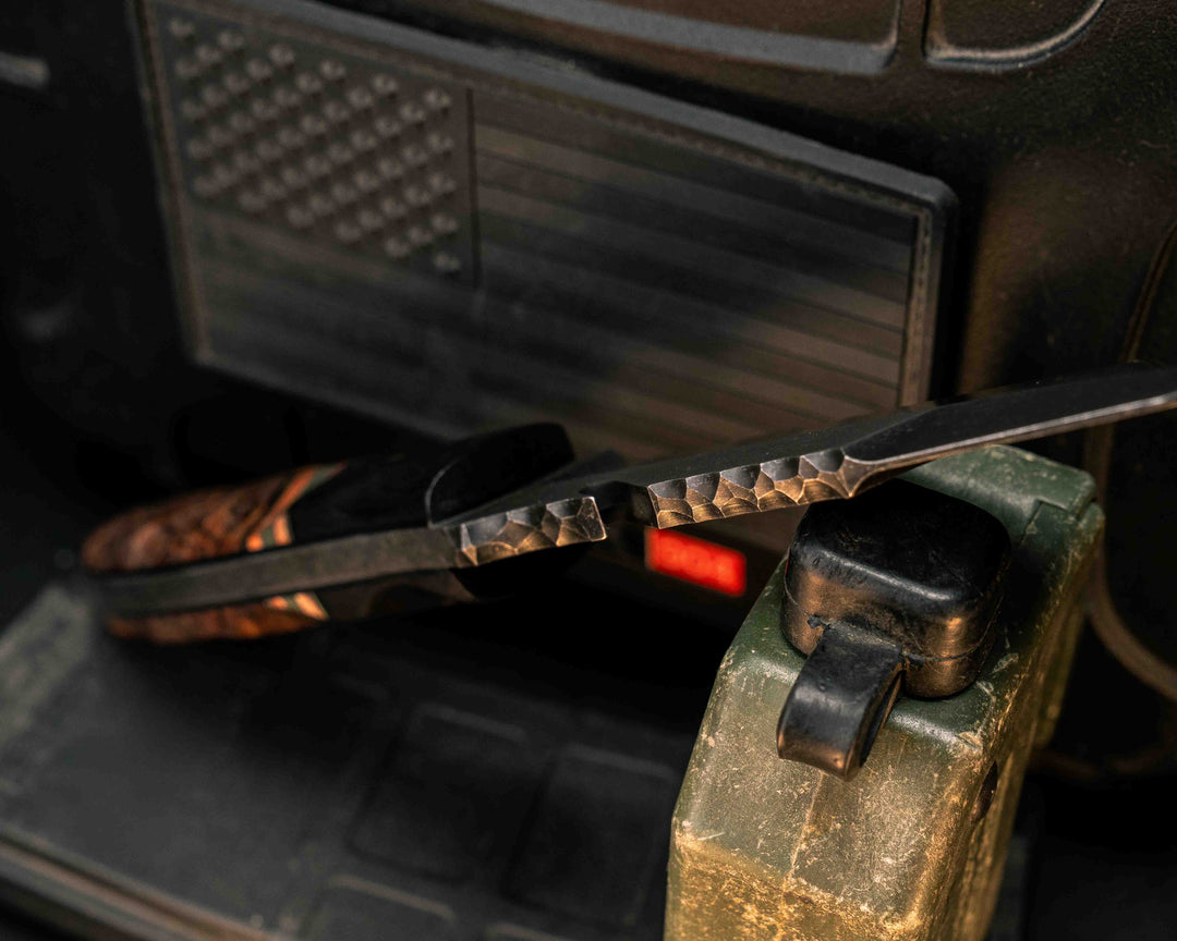 Notched Wire Cutter Breacher Gen 3- Desert Ironwood, Black G10, Brass and Forest Green G10 Pin Striping, Dyed Maple Split, Chechen Caribbean Rosewood, Mosaic Pins, Textured Grip