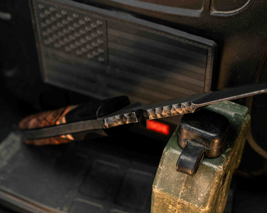 Notched Wire Cutter Breacher Gen 3- Desert Ironwood, Black G10, Brass and Forest Green G10 Pin Striping, Dyed Maple Split, Chechen Caribbean Rosewood, Mosaic Pins, Textured Grip