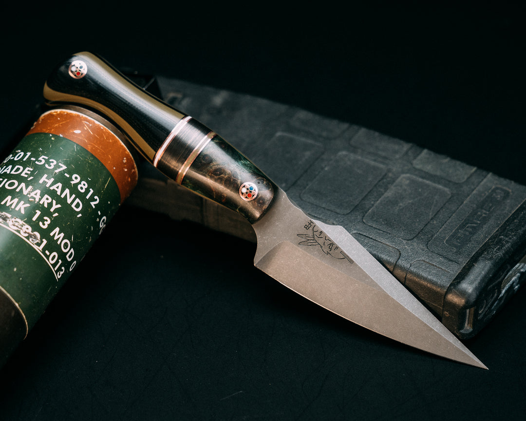 Gulo Gulo- Dyed Redwood, Black G10, Copper and OD Green G10 Pin Striping, Copper Infused Carbon Split, Black and OD Green Layered G10, Patriot Mosaic Pins, Smooth Grip