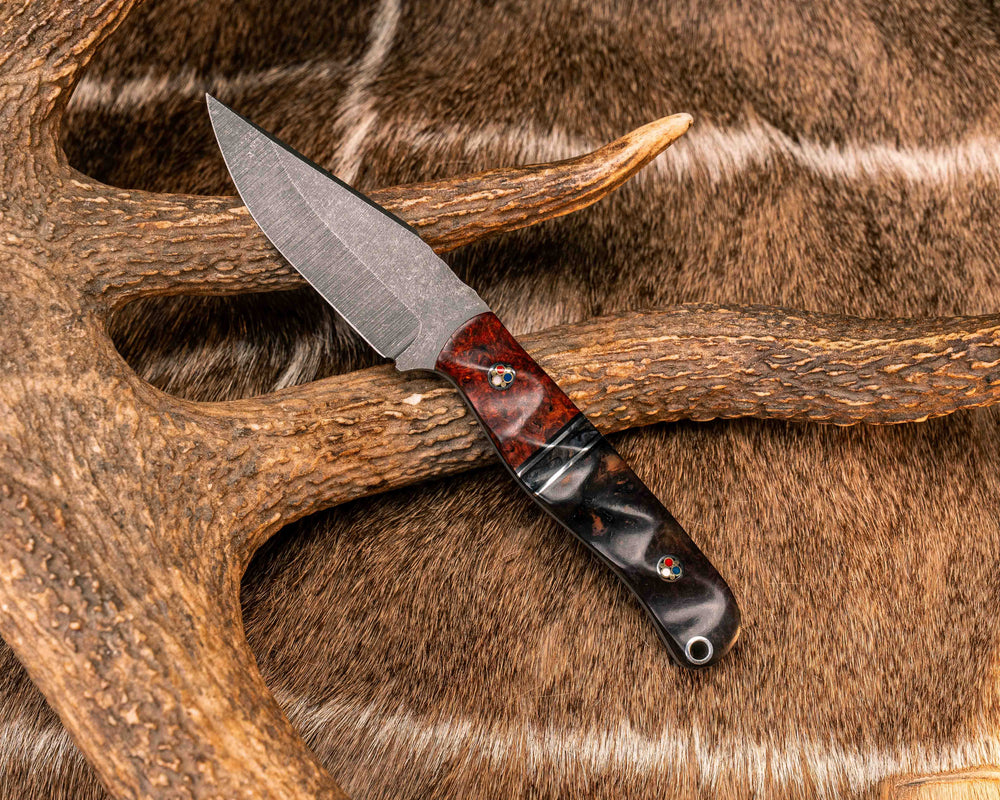 Crow Cub- Dyed Amboyna Burl, Black G0 and Aluminum Pin Striping, Dyed Maple Split, Dyed Redwood Burl, Patriot Mosaic Pins, Aluminum Lanyard Pin, Textured Grip