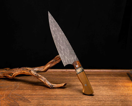 Chef Blade- Desert Ironwood, Black G10, Desert Tan G10, OD Green G10 and Copper Pin Striping, Black Calceon split, Vintage Butterscotch Micarta, Mosaic Pins, Smooth Grip
