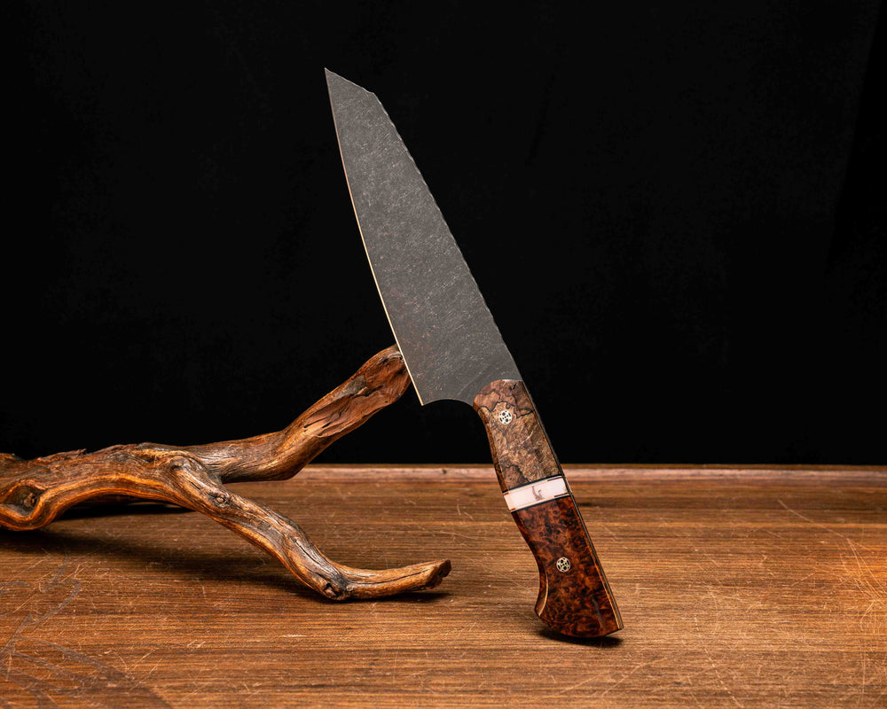 Santoku- Spalted Maple, Black G10, White G10 and Copper Pin Striping, White with Copper Matrix Tru-stone Split, Amboyna Burl, Mosaic Pins, Smooth Grip