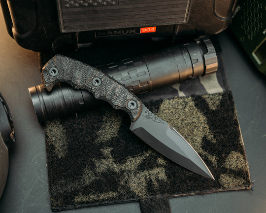 4"  HUMINT- Black Canvas Micarta, Armor Black Cerakote, Allen Bolts, Chaos Grip
