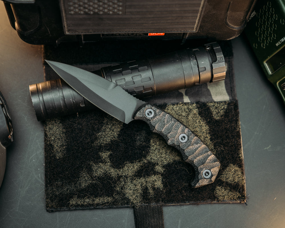 4"  HUMINT- Black Canvas Micarta, Armor Black Cerakote, Allen Bolts, Chaos Grip