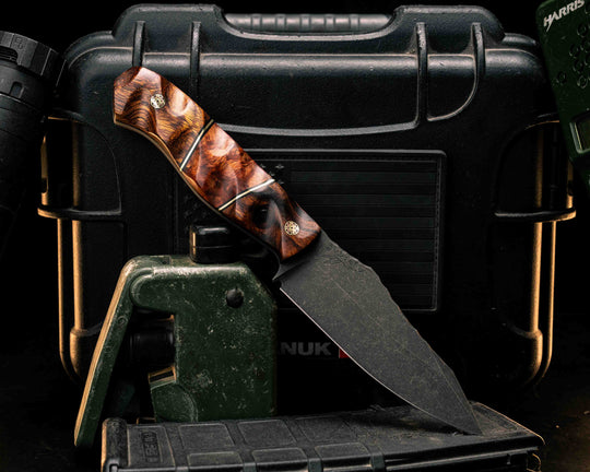 Field Knife - Desert Ironwood, Black G10 and Brass Pin Striping, Amboyna Burl Split, Mosaic Pins, Textured Grip