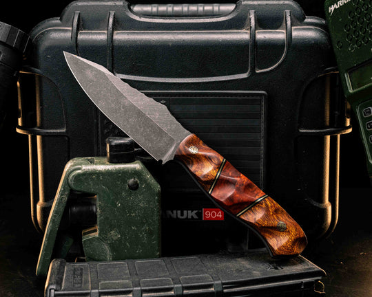 Field Knife - Desert Ironwood, Black G10 and Brass Pin Striping, Amboyna Burl Split, Mosaic Pins, Textured Grip