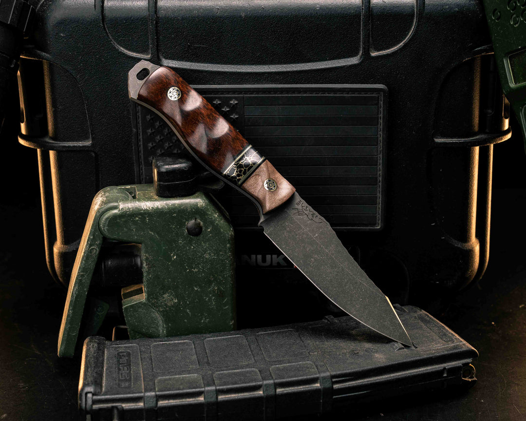 Field Knife Jr- Maple, Black G10, Grey G10 and Brass Pin Striping, Black with Gold Web Tru-stone Split, Snakewood, Mosaic Pins, Textured Grip