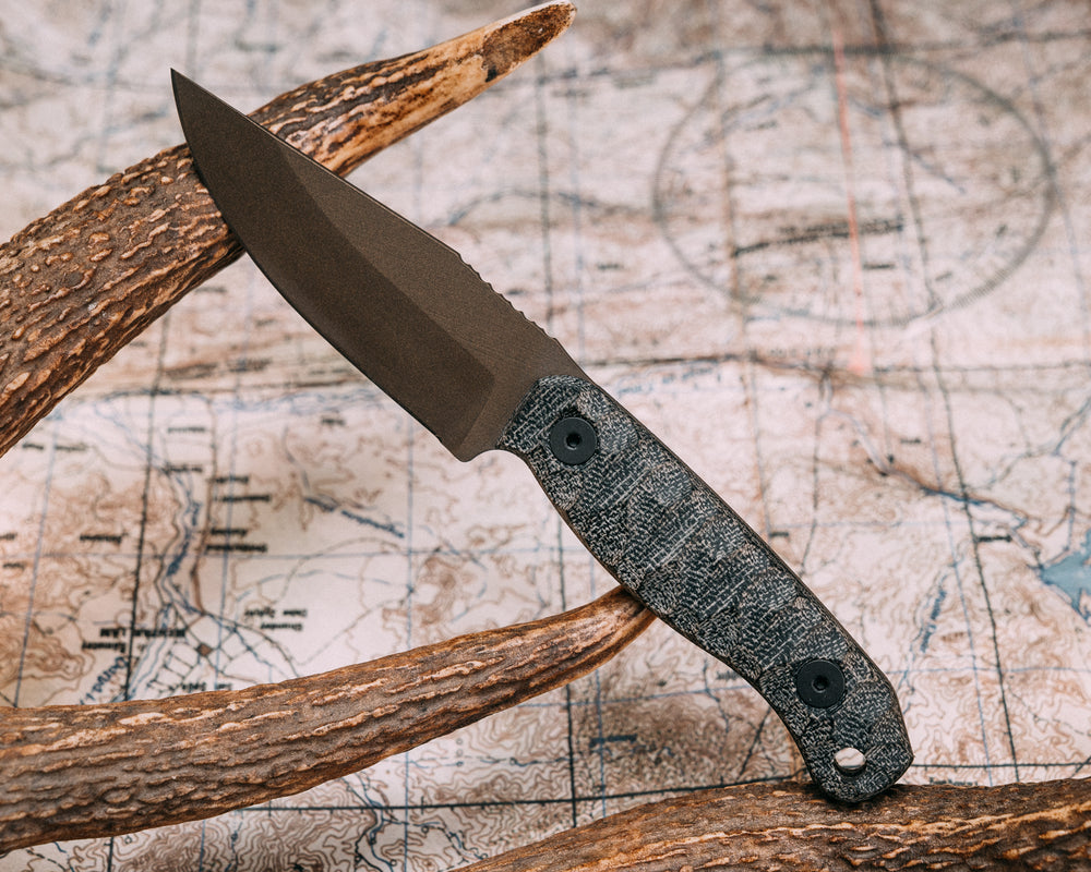 Feather Light - Black Canvas Micarta, Midnight Bronze Cerakote, Allen Bolts, Chaos Grip.