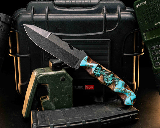 Notched Wire Cutter Breacher Gen 3- Turquoise with Gold Web Tru-stone Over Hawaiian Curly Koa, Crushed Turquoise Tru-stone in Resin Over Hawaiian Curly Koa Split, Mosaic Pins, Textured Split