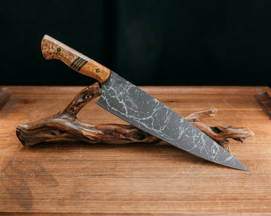 Chef Blade 10" - Cheesewood, Black G10 and Copper Pin Striping, OD Green Canvas Micarta, OD Green G10 and Brass Split, Black Ash, Mosaic Pins, Smooth Grip