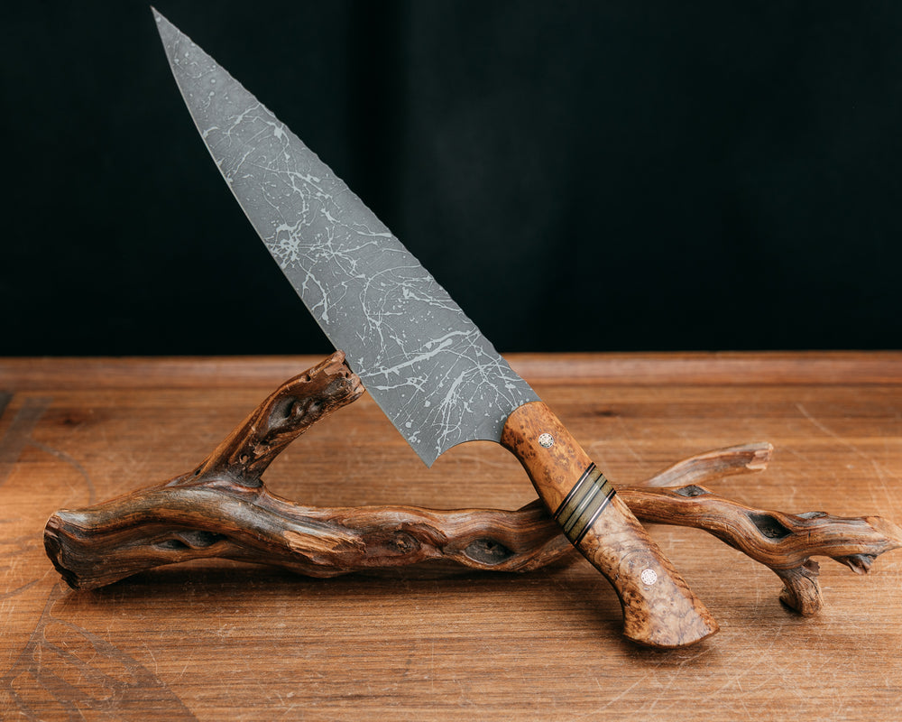 Chef Blade 10" - Cheesewood, Black G10 and Copper Pin Striping, OD Green Canvas Micarta, OD Green G10 and Brass Split, Black Ash, Mosaic Pins, Smooth Grip