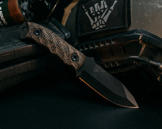 Disaster Cub - Black/OD Green Burlap Micarta, Armor Black Cerakote, Iron Grip.