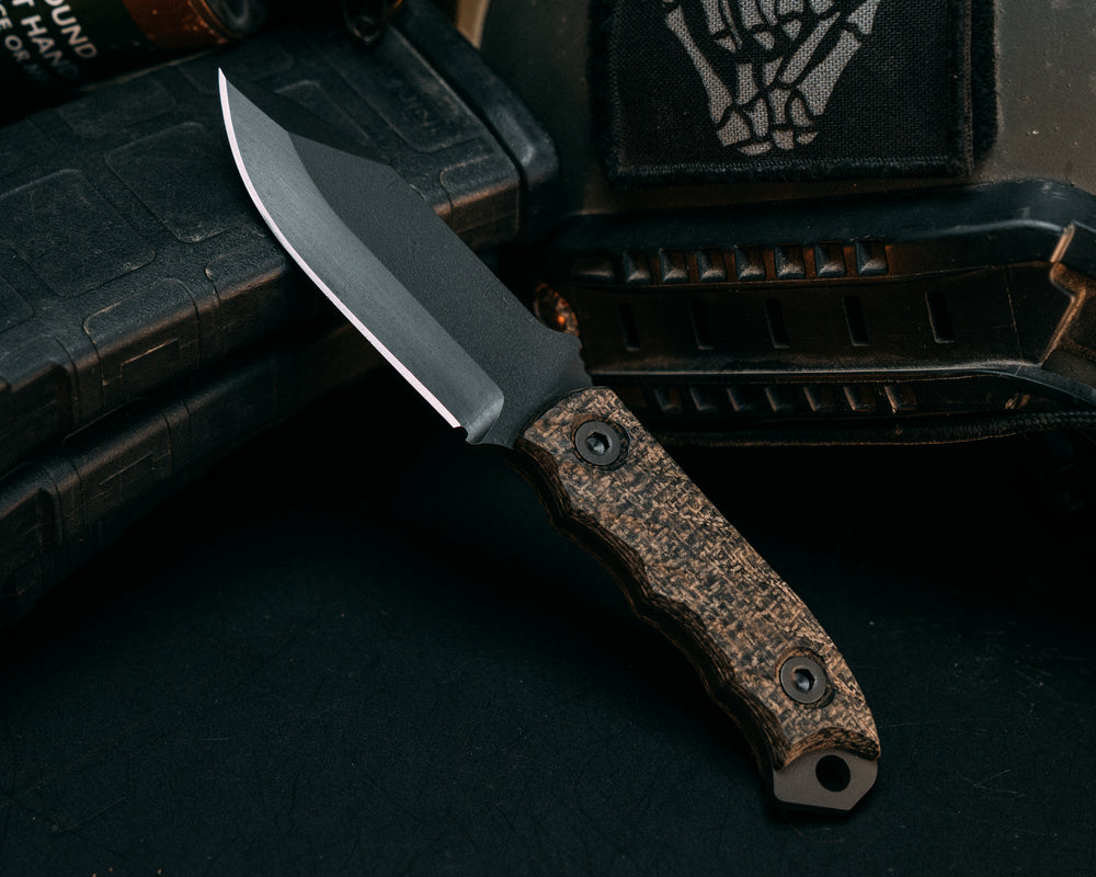 Disaster Cub - Black/OD Green Burlap Micarta, Armor Black Cerakote, Iron Grip.