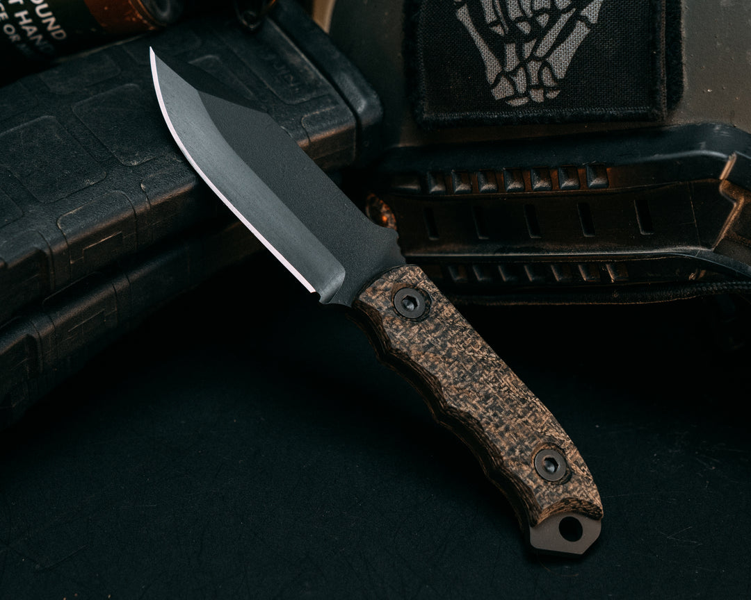 Disaster Cub - Black/OD Green Burlap Micarta, Armor Black Cerakote, Iron Grip.