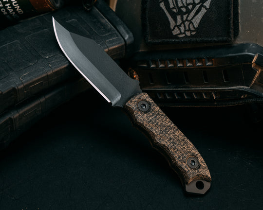 Disaster Cub - Black/OD Green Burlap Micarta, Armor Black Cerakote, Iron Grip.