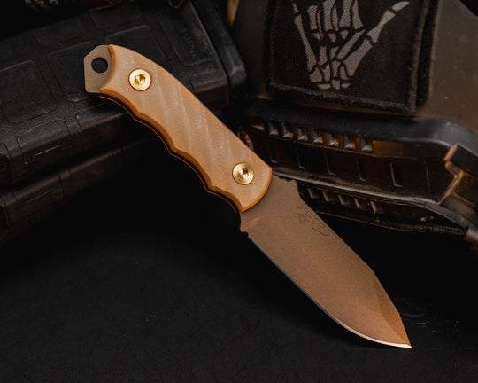 Disaster Cub - Ghost/Coyote G10, Midnight Bronze Cerakote, Brass Bolts, Iron Grip.