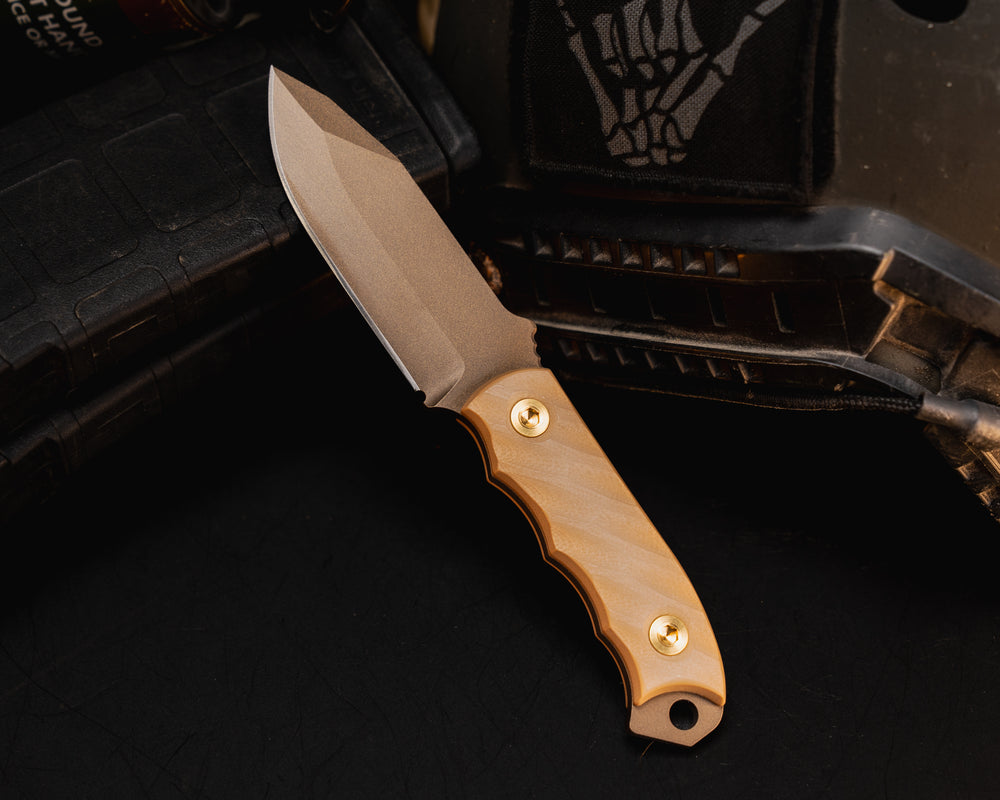 Disaster Cub - Ghost/Coyote G10, Midnight Bronze Cerakote, Brass Bolts, Iron Grip.