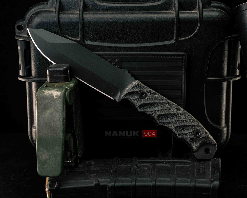 Disaster Breacher- Black Canvas Micarta, Armor Black Cerakote, Allen Bolts, Textured Grip