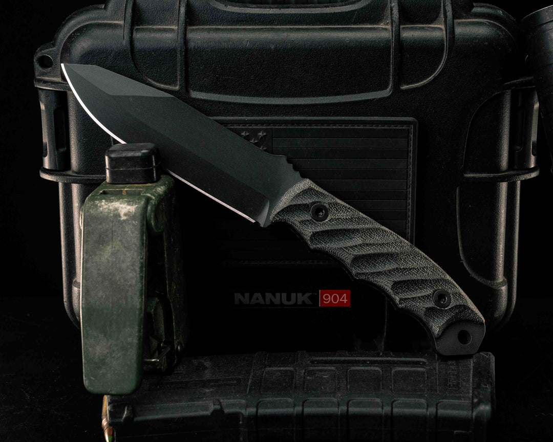 Disaster Breacher- Black Canvas Micarta, Armor Black Cerakote, Allen Bolts, Textured Grip