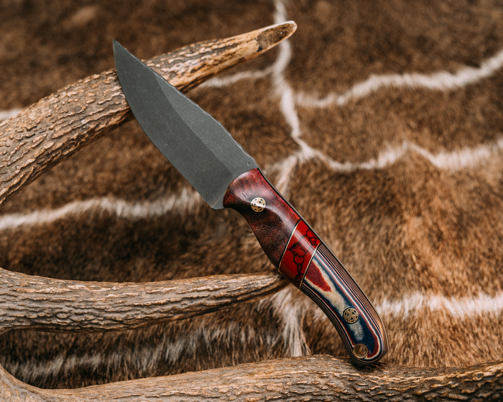 Feather Light - Purple Heart, Black G10 and Brass Pin Striping, Bloody Basin Tru-stone Split, Britannica Richlite, Mosaic Pins, Brass Lanyard Pin, Contoured Grip