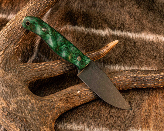 Crow Scalper- Dyed Black Ash Burl, Mosaic Pins, Brass Lanyard Pin, Textured Grip
