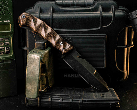 Notched Wire Cutter Breacher Gen 3- Hawaiian Curly Mango, Mosaic Pins, Aluminum Lanyard Pin, Textured Grip