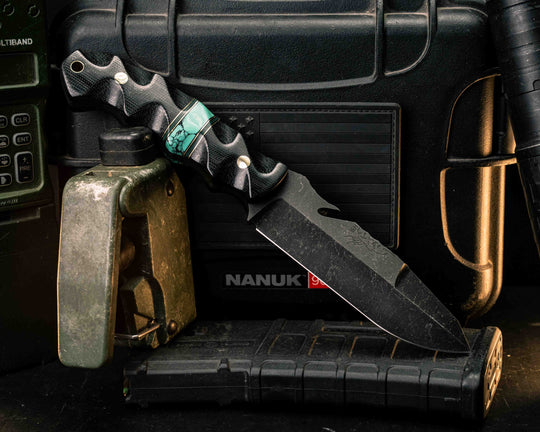 Notched Wire Cutter Breacher Gen 3- Black Canvas Micarta, Black G10, Forest Green G10 and Brass Pin Striping, Green Dragon Skin Tru-stone Split, Brass Pins, Brass Lanyard Pin, Textured Grip