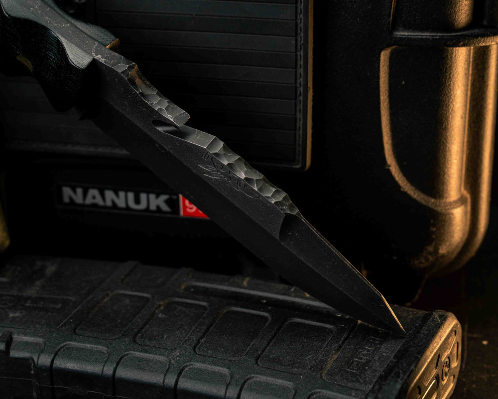 Notched Wire Cutter Breacher Gen 3- Black Canvas Micarta, Black G10, Forest Green G10 and Brass Pin Striping, Green Dragon Skin Tru-stone Split, Brass Pins, Brass Lanyard Pin, Textured Grip