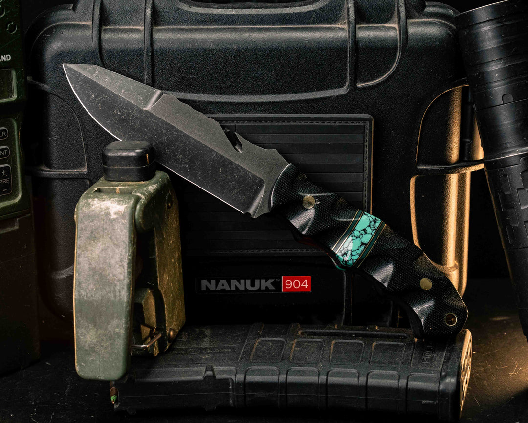 Notched Wire Cutter Breacher Gen 3- Black Canvas Micarta, Black G10, Forest Green G10 and Brass Pin Striping, Green Dragon Skin Tru-stone Split, Brass Pins, Brass Lanyard Pin, Textured Grip