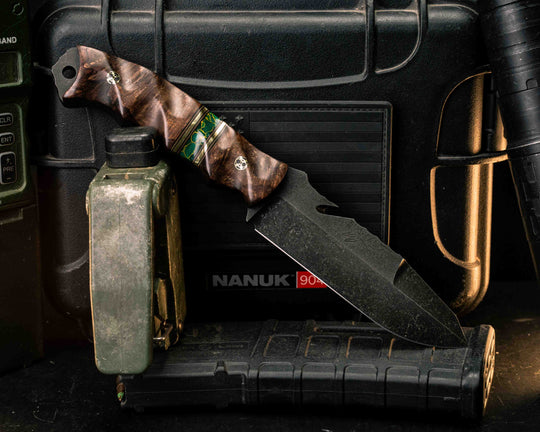 Notched Wire Cutter Breacher Gen 3- Dyed Maple, Black G10, Coyote G10 and Brass Pin Striping, Arizona Jade Tru-stone Split, Mosaic Pins, Textured Grip