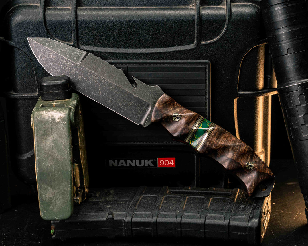 Notched Wire Cutter Breacher Gen 3- Dyed Maple, Black G10, Coyote G10 and Brass Pin Striping, Arizona Jade Tru-stone Split, Mosaic Pins, Textured Grip