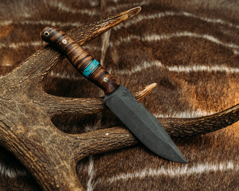 Crow Scout Drop Point- Hawaiian Curly Koa, Black G10 and Brass Pin Striping, Mosaic Pins, Brass Lanyard Pin, Smooth Grip