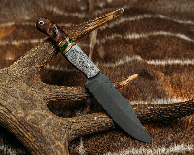 Crow Scout- CO Elk Antler, Black G10 and Brass Pin Striping, Hawaiian Curly Koa and Arizona Jade Tru-stone Split, Redwood Burl, Mosaic Pins, Brass Lanyard Pin, Textured Pin