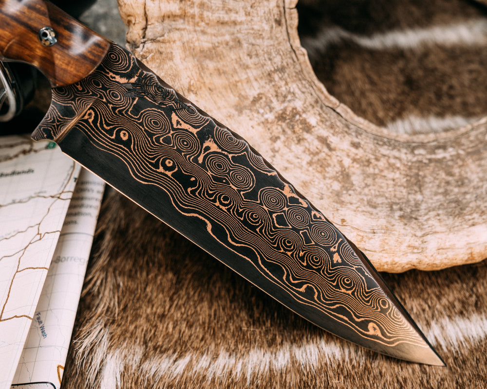 Ranch Knife- Baker Forge Raindrop CopperMai- Desert Ironwood, Aluminum, Black G10 and Copper Pin Striping, Rams Horn Split, CO Elk, Mosaic Pins, Aluminum Pin, Textured Grip