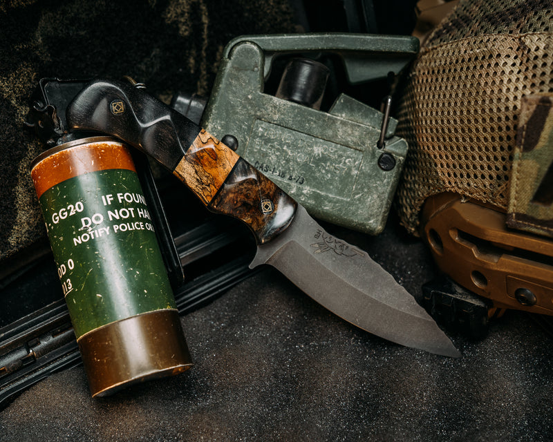 Ishi- Dyed Maple, Black G10 and Spalted Maple Split, African Blackwood, Mosaic Pins, Textured Grip