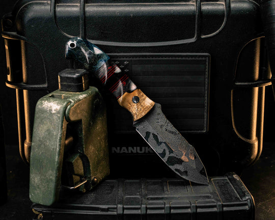 Disaster Cub Gen 3- Spalted Katalox, Cherry G10 and Black G10 Pin Striping, Red Dark Matter Carbon and Black Canvas Micarta Split, Dyed Black Ash, Mosaic Pins, Aluminum Lanyard Pin, Textured Grip