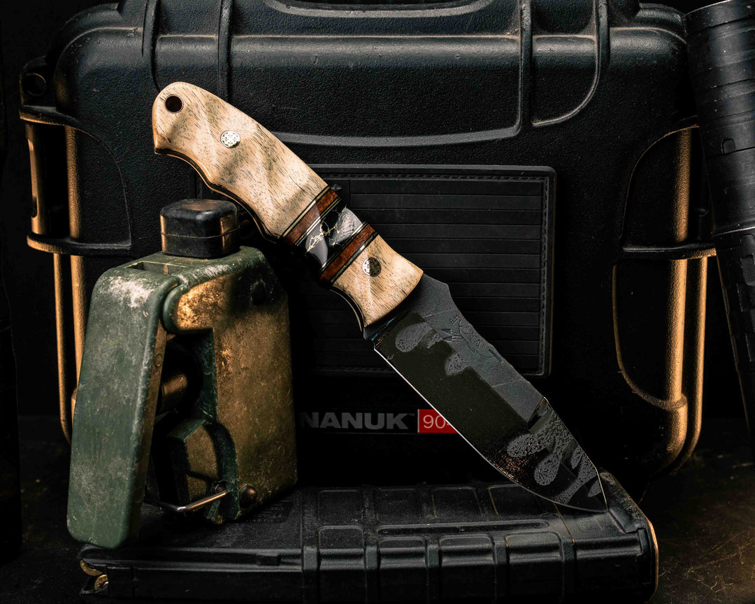 Disaster Jr Gen 3- Spalted Maple, Black G10 and and Brass Pin Striping, Desert Ironwood and Black with Gold Web Tru-stone Split, Mosaic Pins, Copper Lanyard Pin, Textured Grip