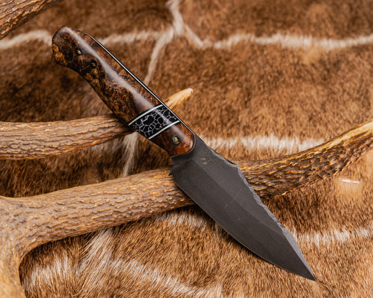 Field Knife (CruWear) - Chechen Caribbean Rosewood, Black G10 and White G10 Pin Striping, Black with White Web Tru-stone Split, Black and White G10 Pin Striping, Grenade Mosaic Pin, Lightning Bolt Mosaic Pins, Grooved Grip