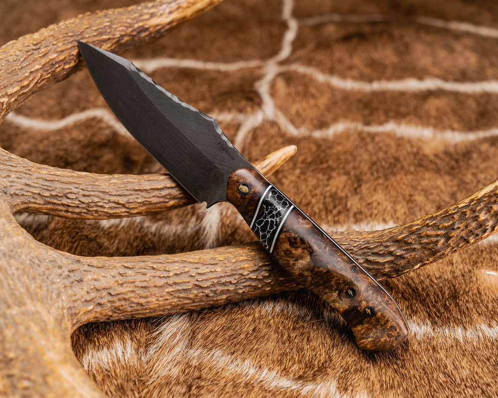 Field Knife (CruWear) - Chechen Caribbean Rosewood, Black G10 and White G10 Pin Striping, Black with White Web Tru-stone Split, Black and White G10 Pin Striping, Grenade Mosaic Pin, Lightning Bolt Mosaic Pins, Grooved Grip